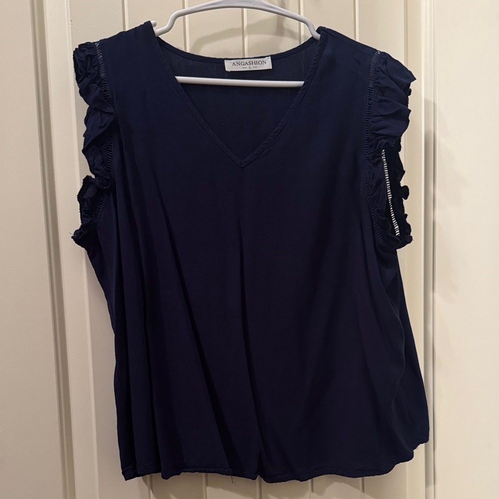Navy Ruffle Sleeve Women's Top